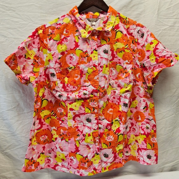 White Stag Tops - White‎ Stag Button Down Shirt Womens 3X Pink Orange Floral Short Sleeve Cotton